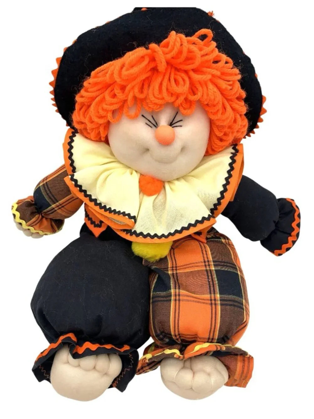 Vintage Halloween Witch Soft Doll With Orange Plaid & Black Outfit Yarn Hair 16